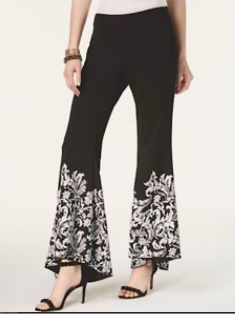 INC International Concepts Black Flared Pants with White Floral Hem